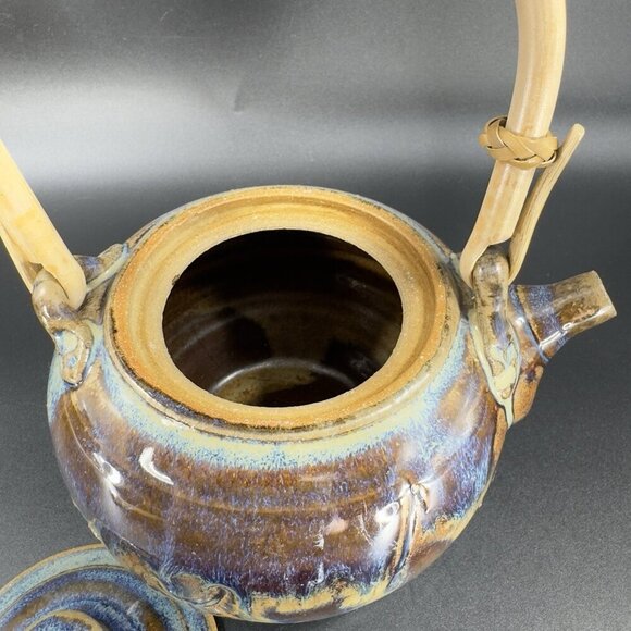 Vintage Pottery Stoneware Teapot Carafe With Wood Handle Drip Glaze Signed Mosia - Picture 16 of 16